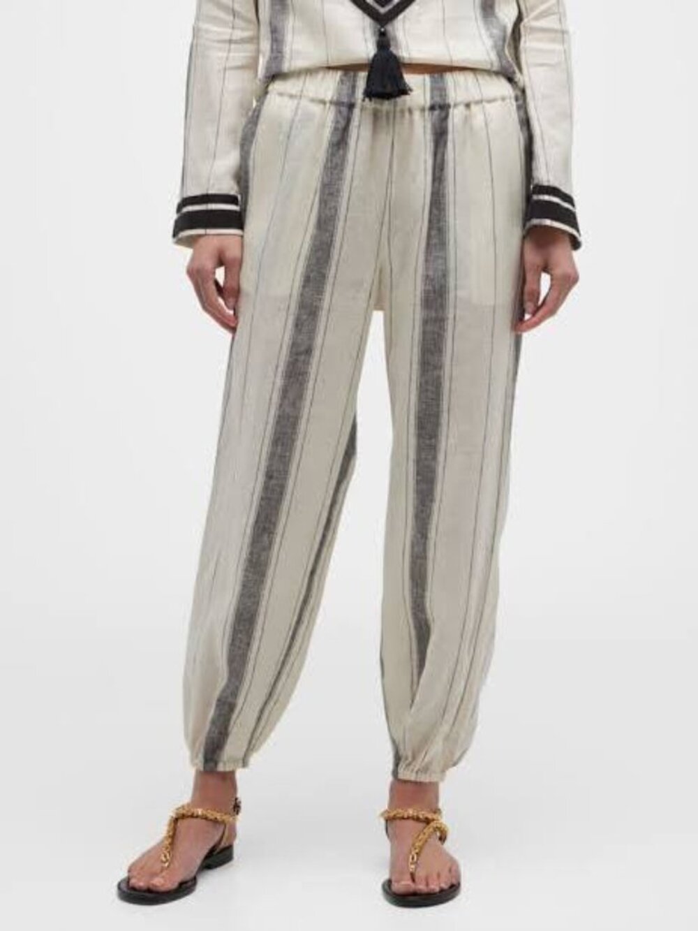 Tory Burch 100% Linen Pants White Striped Jogger Summer Resort Wear Luxury